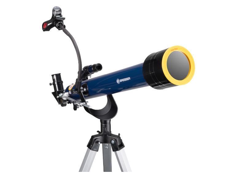 Un télescope Bresser bleu sur un trépied.
