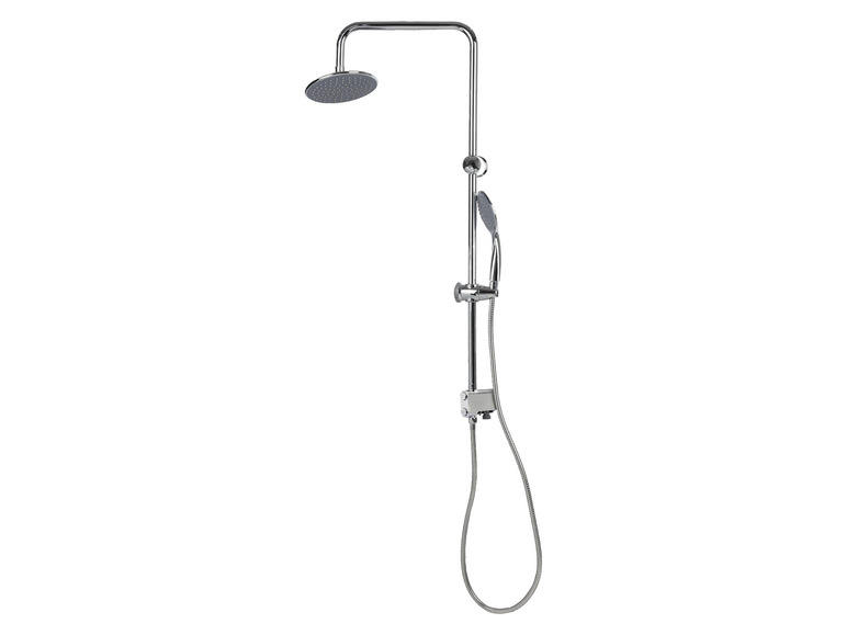 Une pomme de douche et une douchette chromées avec un tuyau.
