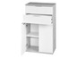 Une commode blanche avec deux tiroirs et une porte avec une étagère.