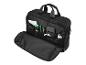 Un sac à main noir pour ordinateur portable ouvert avec de nombreux compartiments pour accessoires.