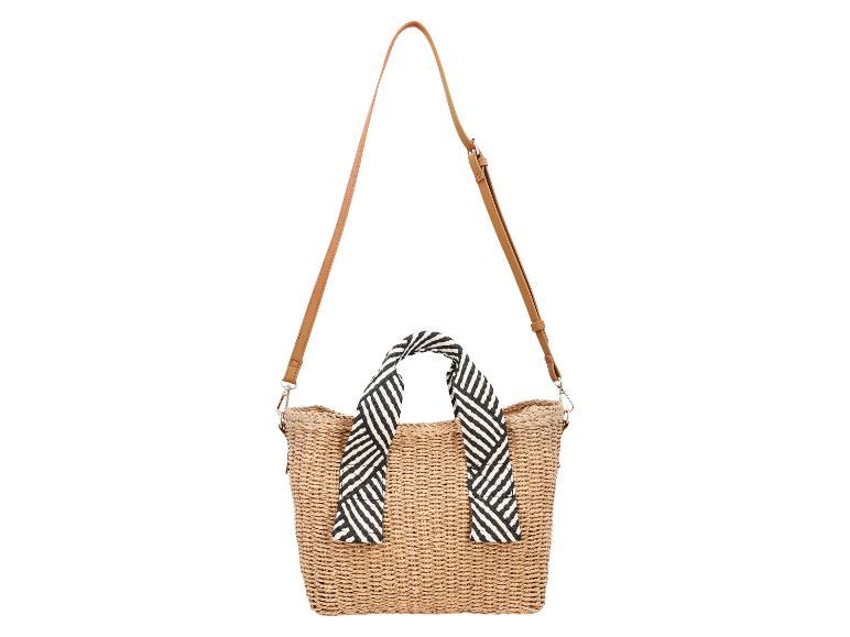 Sac à main en paille avec anse rayée noir et blanc et bandoulière marron