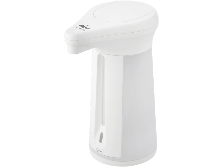 Distributeur de savon automatique blanc avec capteur, fenêtre de niveau et base grise.