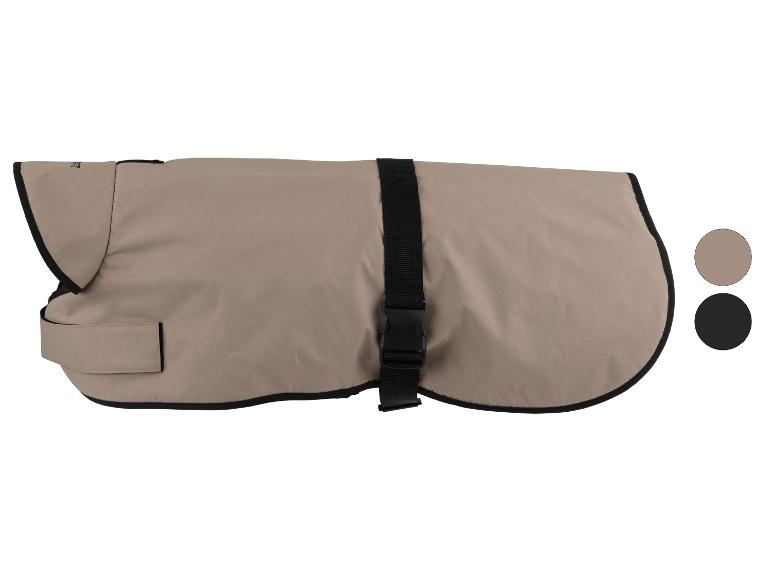 Manteau pour chien beige avec sangle noire et boucle, avec options de couleur marron et noir.