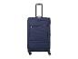 Valise souple bleu marine avec poignée extensible et quatre roues pivotantes.