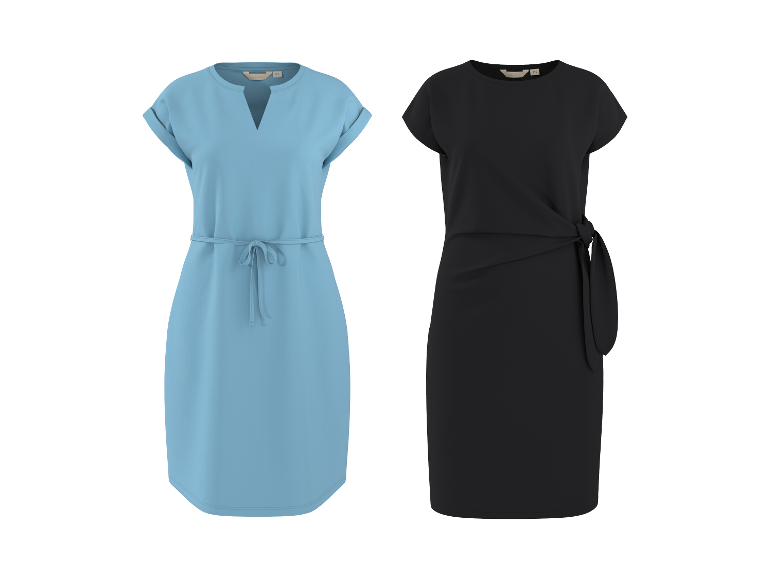 Deux robes : une bleue avec ceinture et une noire avec nœud.