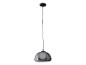 Lampe suspendue noire avec abat-jour rond en verre gris.