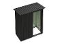 Abri de jardin métallique noir avec porte coulissante et toit en pente.