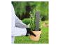 Plant de romarin en pot, tuteurs et gants de jardinage.