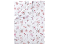 Parure de lit blanche avec motif floral rose et gris, comprenant une housse de couette et une taie d'oreiller.