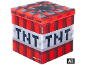 Boîte de rangement cubique avec motif de bloc TNT rouge et gris.