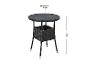 Table de bar ronde en rotin noir avec plateau en verre, 60 cm de diamètre et 73 cm de hauteur.