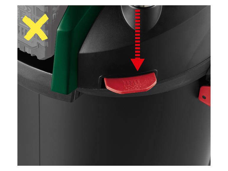 Bouton rouge avec flèche vers le bas sur un appareil noir, avec un X jaune sur une batterie grise.