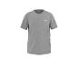 T-shirt gris à manches courtes avec un petit logo blanc sur la poitrine.