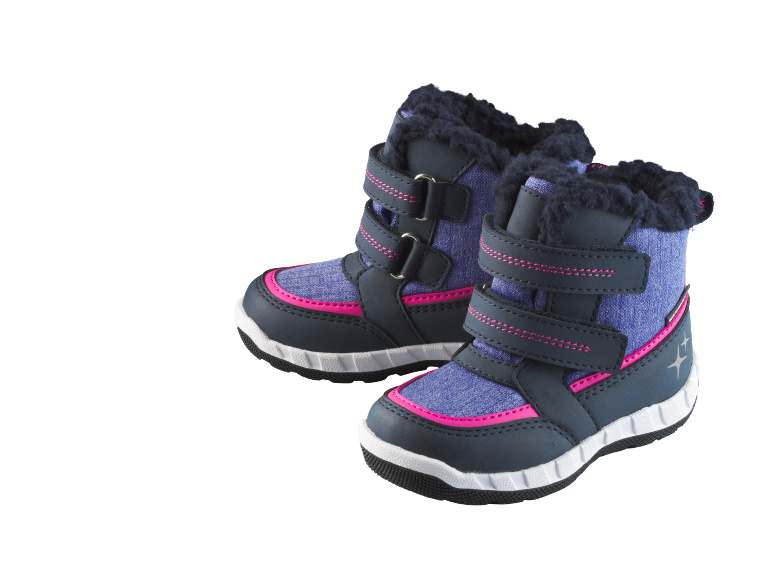 Bottes d'hiver pour enfants, bleues et roses, avec doublure en fourrure et fermetures velcro.