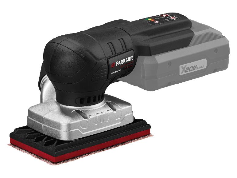 Ponçeuse sans fil avec batterie Parkside X20V Team et patin de ponçage.
