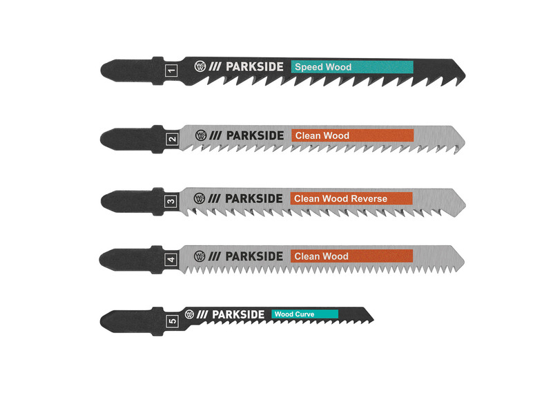 Lames de scie pour le bois Parkside : Speed Wood, Clean Wood, Clean Wood Reverse, Clean Wood et Wood Curve.