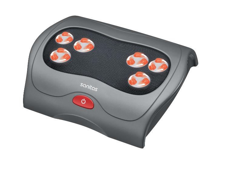 Coussin de massage Sanitas avec huit têtes de massage rotatives et un bouton d'alimentation rouge.
