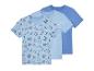 Trois t-shirts pour enfants : un avec imprimé plage, deux unis.