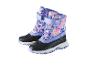 Une paire de bottes de neige pour enfants à motifs floraux violets et roses.