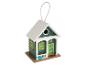 Une maisonnette en bois pour oiseaux en forme de maison avec un paillasson d'accueil
