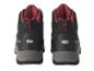 Des chaussures de randonnée noires et imperméables avec des détails rouges.