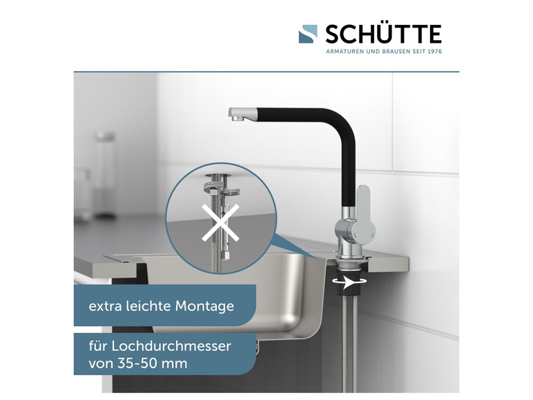 Un robinet noir Schütte avec une installation facile pour un évier avec un trou de 35 à 50 mm.