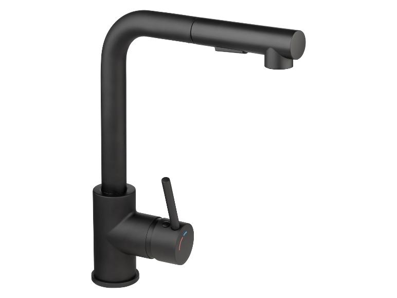 Un robinet de cuisine noir avec un bec haut.