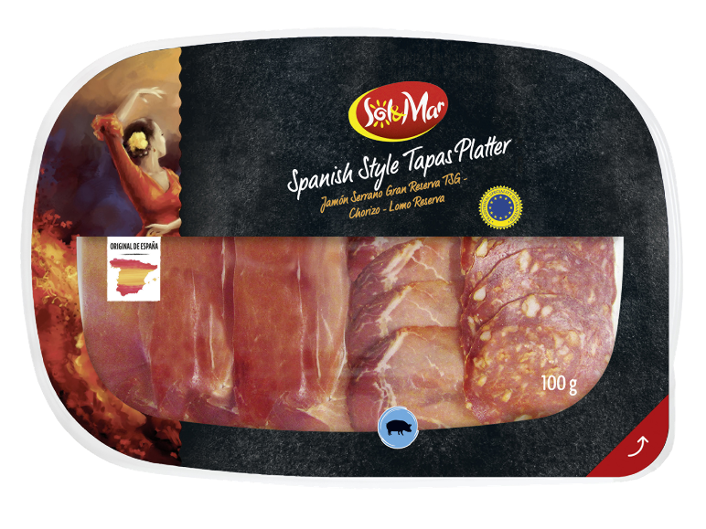 Assortiment de tapas espagnoles Sol & Mar avec jambon serrano, lomo et chorizo, 100 g