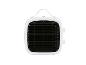 Radiateur électrique portable blanc avec grille noire et poignées latérales.