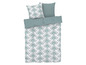 Une parure de lit avec un motif géométrique et deux taies d'oreiller assorties.