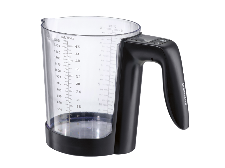 Pichet mesureur avec balance numérique, transparent avec accents noirs, affichant les mesures en ml/fl'oz.