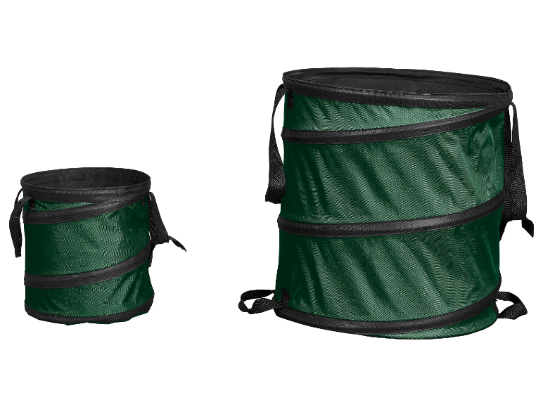 Deux bacs pliables en tissu vert foncé pour le jardin.