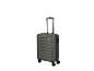 Valise de voyage verte avec poignée télescopique et quatre roues.