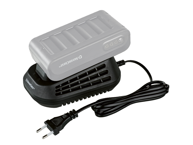 Chargeur de batterie noir avec batterie grise, câble et prise.