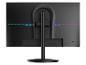 Arrière d'un moniteur noir avec éclairage LED bleu et violet, doté d'un support central.