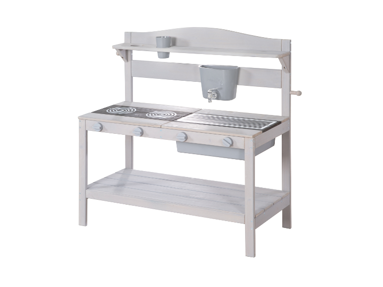 Un ensemble de cuisine en bois blanc pour enfants avec évier, cuisinière et étagère.