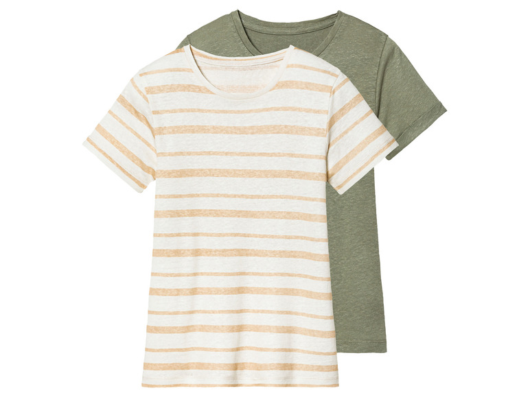 Deux t-shirts, un à rayures beige et blanches et un vert uni.