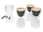 Trois verres à double paroi remplis d'espresso et de grains de café.