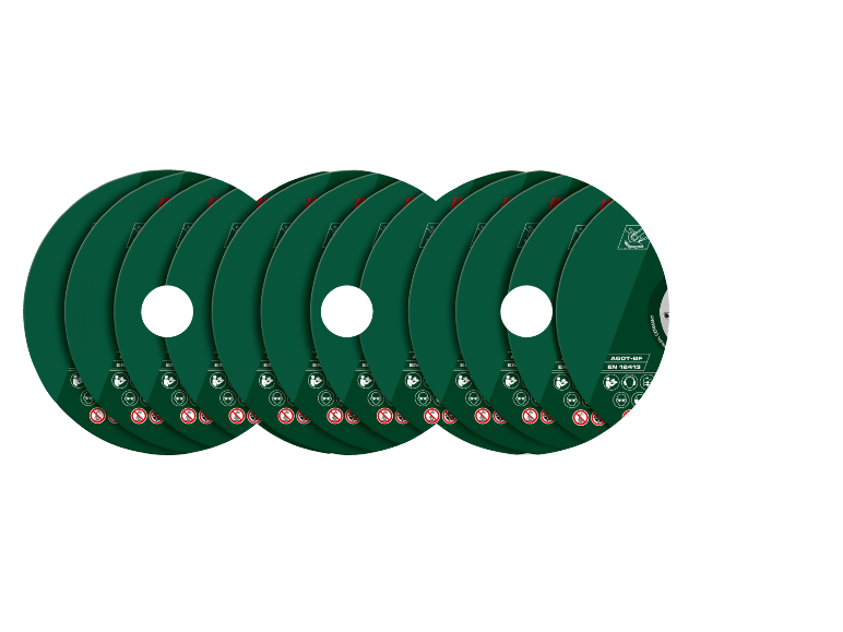 Plusieurs disques à tronçonner verts avec symboles de sécurité et le texte « EN 12413 ».