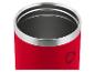 Mug isotherme rouge avec un rebord argenté et un logo rouge foncé