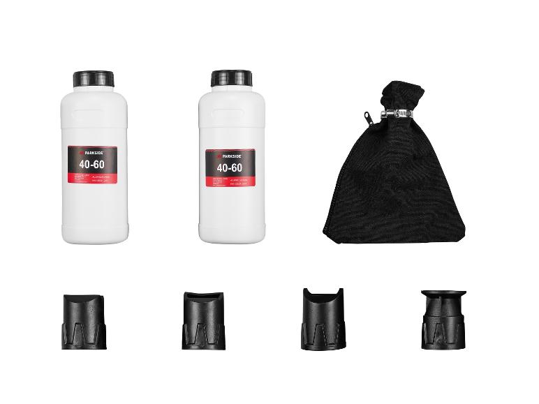 Deux bouteilles d'oxyde d'aluminium Parkside, un sac noir et quatre pièces noires.