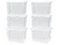 Six boîtes de rangement transparentes empilées avec couvercles sur fond noir.