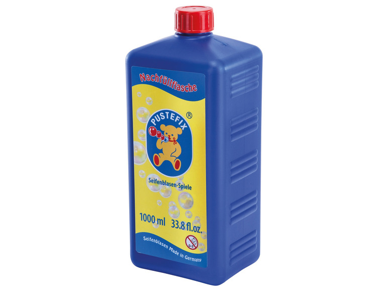 Une bouteille bleue de solution à bulles Pustefix pour enfants.