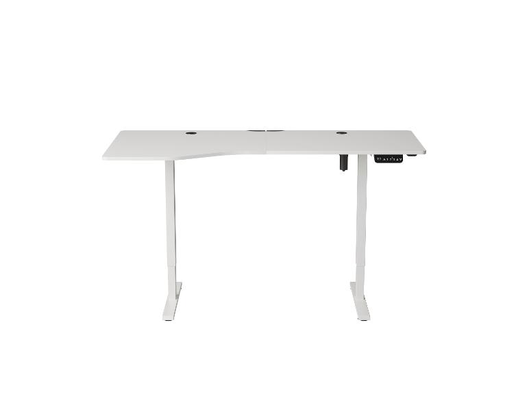 Bureau assis-debout blanc avec plateau ergonomique et panneau de commande numérique.