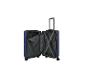Valise bleue ouverte avec poignée télescopique et sangles internes.