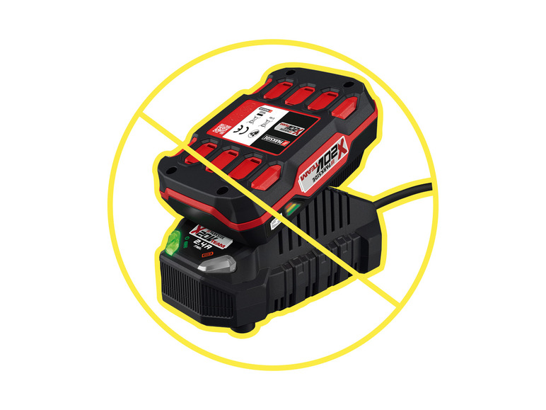 Une batterie rouge Parkside X20V Team avec un cercle d'avertissement jaune.