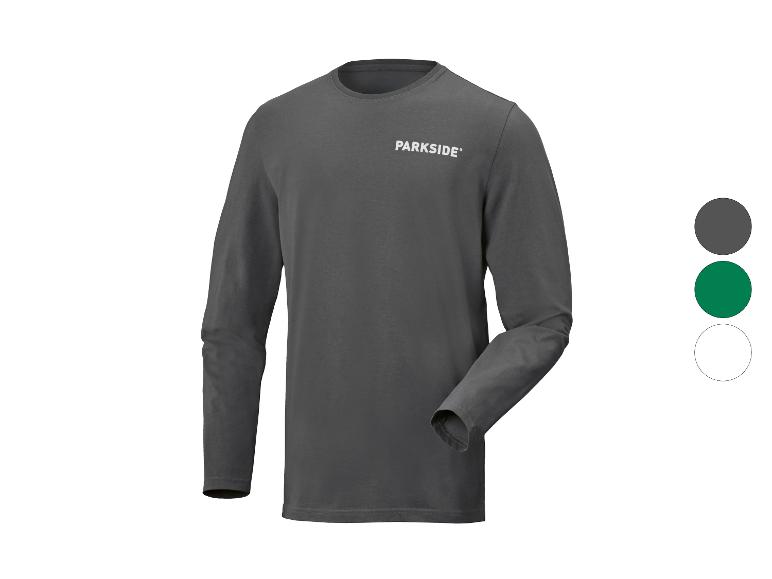 T-shirt gris à manches longues pour homme avec inscription 'PARKSIDE' sur la poitrine, avec options de couleur.