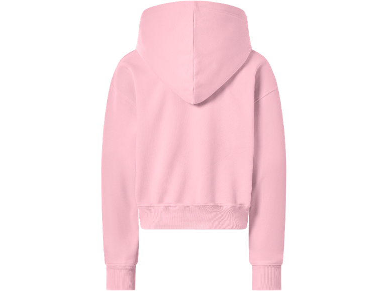 Vue arrière d'un sweat à capuche rose avec capuche et poignets côtelés.