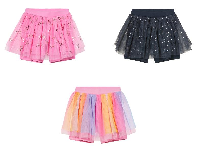 Shorts tutu pour filles : rose à cœurs dorés, bleu marine à paillettes, arc-en-ciel.