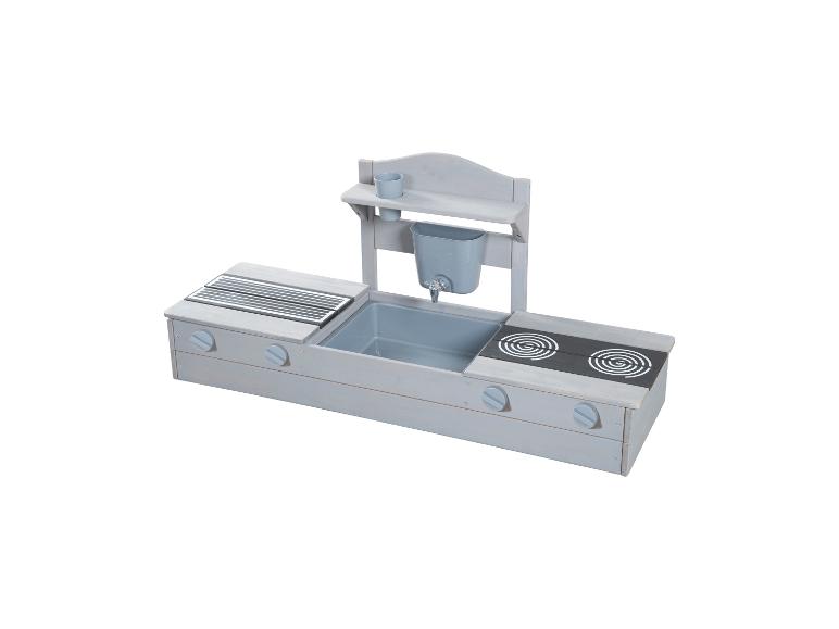 Cuisine de jeu en bois gris clair pour enfants avec évier, plaque de cuisson et étagère.